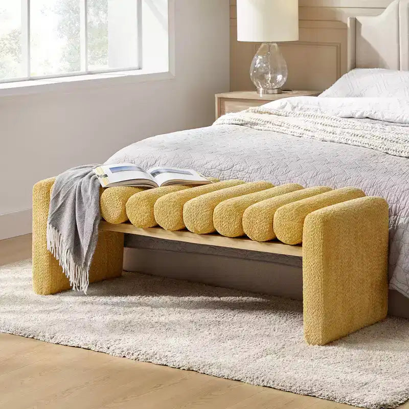 Alice Solid Wood Bench with H-Shaped Frame & Removable Round Bolster Cushions - Modern Minimalist, Polyester Upholstery, 19" Seat Height