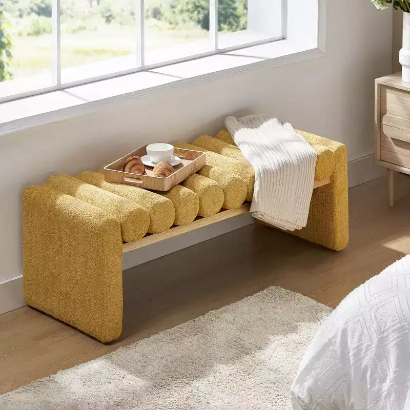 Alice Solid Wood Bench with H-Shaped Frame & Removable Round Bolster Cushions - Modern Minimalist, Polyester Upholstery, 19" Seat Height