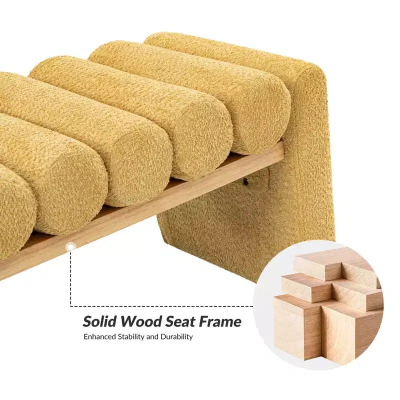 Alice Solid Wood Bench with H-Shaped Frame & Removable Round Bolster Cushions - Modern Minimalist, Polyester Upholstery, 19" Seat Height