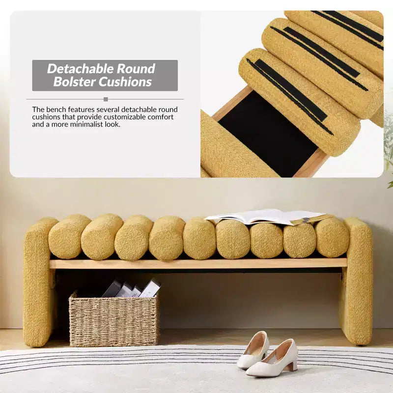Alice Solid Wood Bench with H-Shaped Frame & Removable Round Bolster Cushions - Modern Minimalist, Polyester Upholstery, 19" Seat Height
