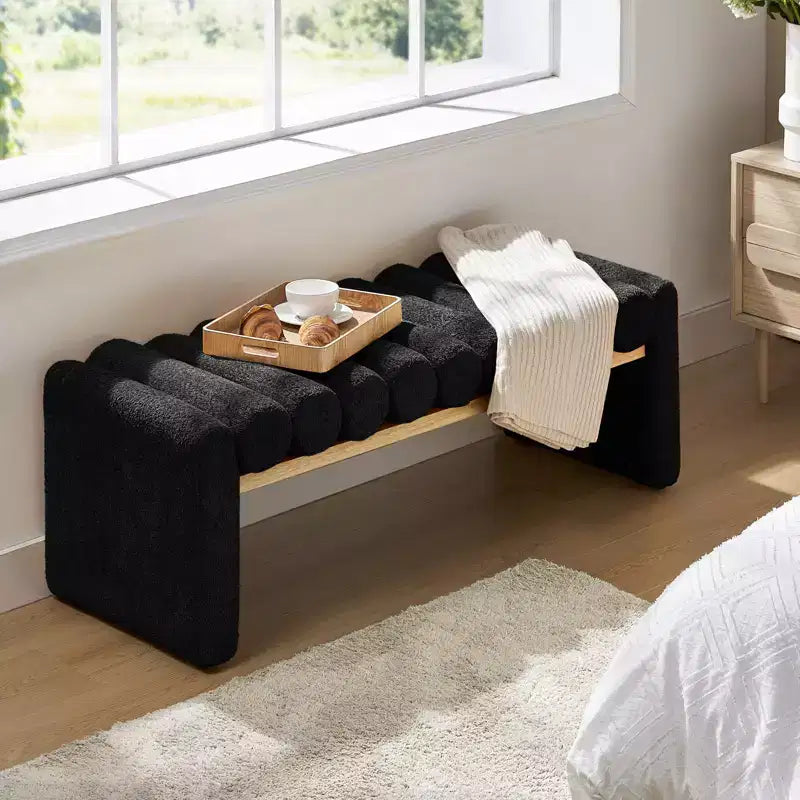 Alice Solid Wood Bench with H-Shaped Frame & Removable Round Bolster Cushions - Modern Minimalist, Polyester Upholstery, 19" Seat Height