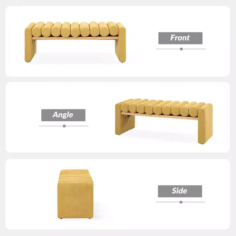 Alice Solid Wood Bench with H-Shaped Frame & Removable Round Bolster Cushions - Modern Minimalist, Polyester Upholstery, 19" Seat Height