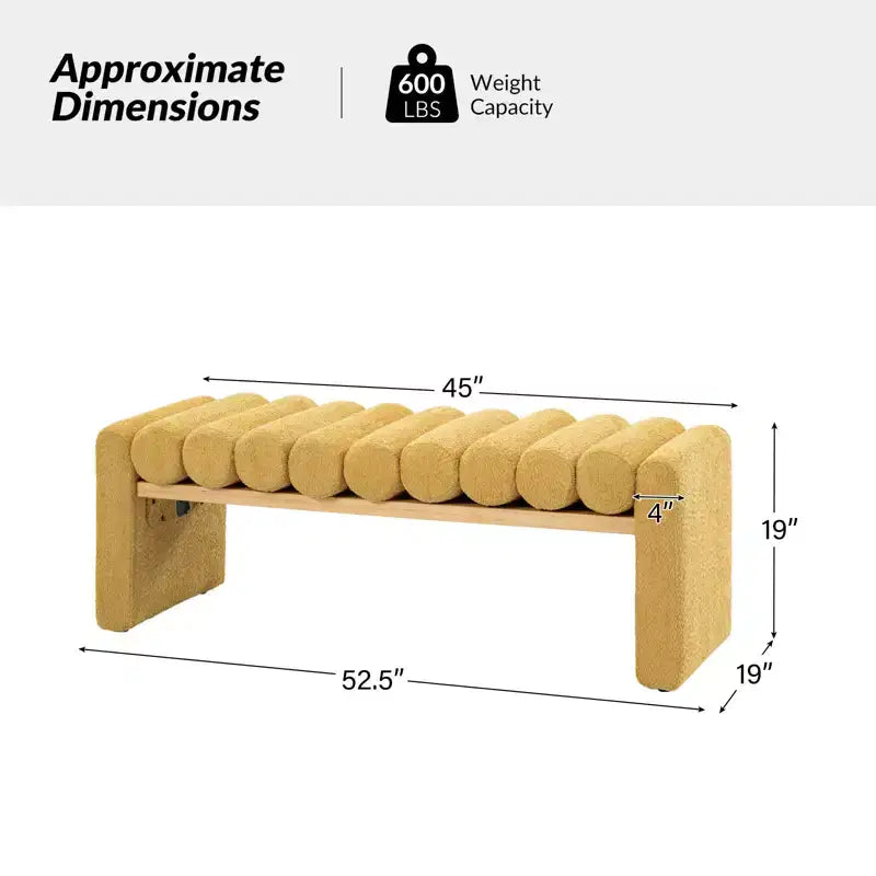 Alice Solid Wood Bench with H-Shaped Frame & Removable Round Bolster Cushions - Modern Minimalist, Polyester Upholstery, 19" Seat Height