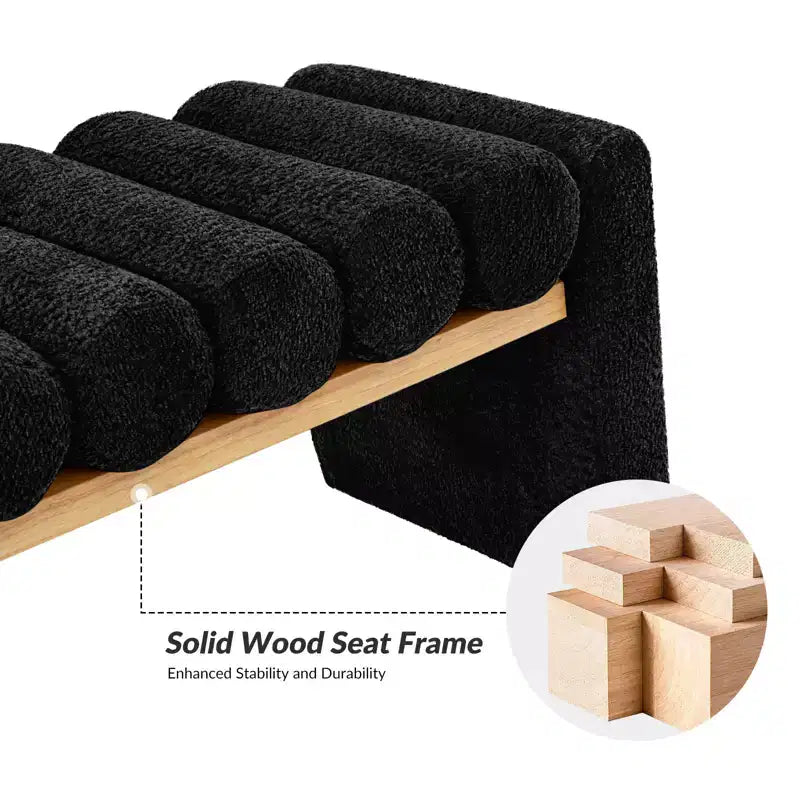 Alice Solid Wood Bench with H-Shaped Frame & Removable Round Bolster Cushions - Modern Minimalist, Polyester Upholstery, 19" Seat Height