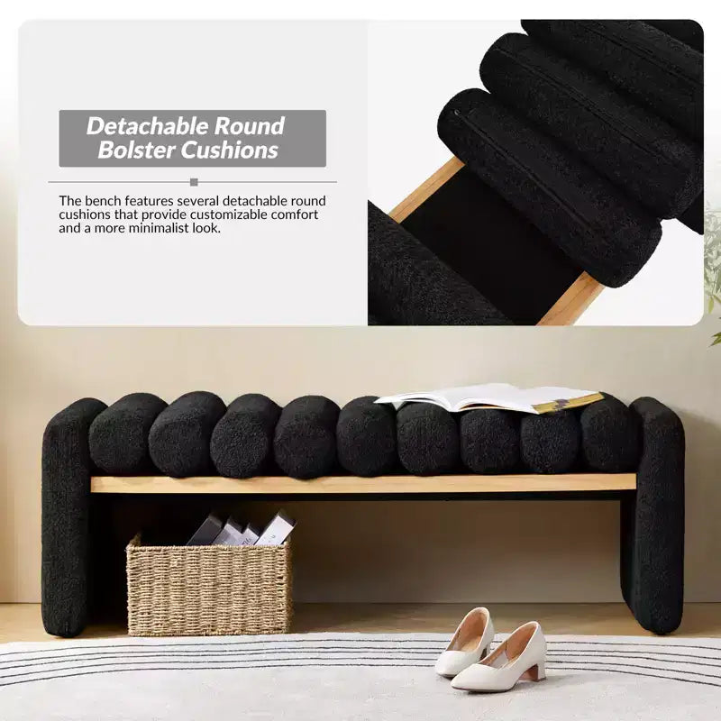 Alice Solid Wood Bench with H-Shaped Frame & Removable Round Bolster Cushions - Modern Minimalist, Polyester Upholstery, 19" Seat Height