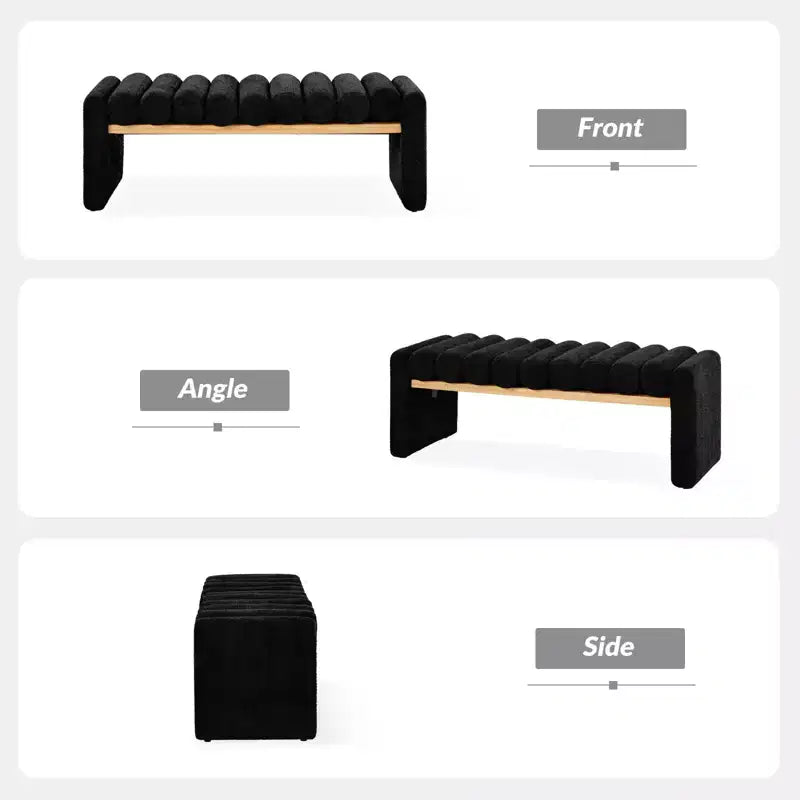 Alice Solid Wood Bench with H-Shaped Frame & Removable Round Bolster Cushions - Modern Minimalist, Polyester Upholstery, 19" Seat Height