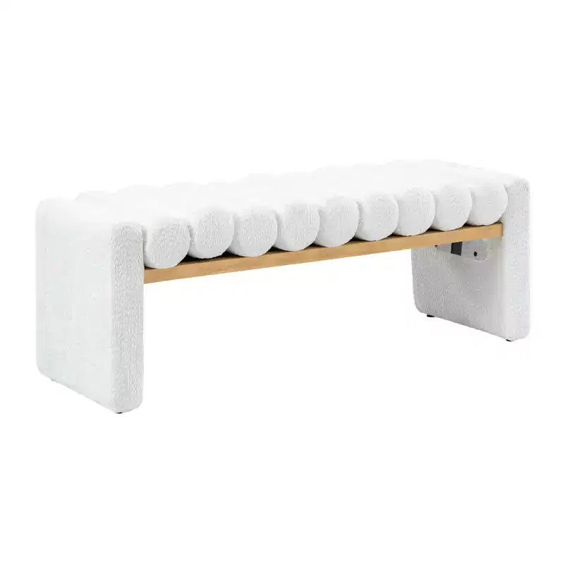 Alice Solid Wood Bench with H-Shaped Frame & Removable Round Bolster Cushions - Modern Minimalist, Polyester Upholstery, 19" Seat Height