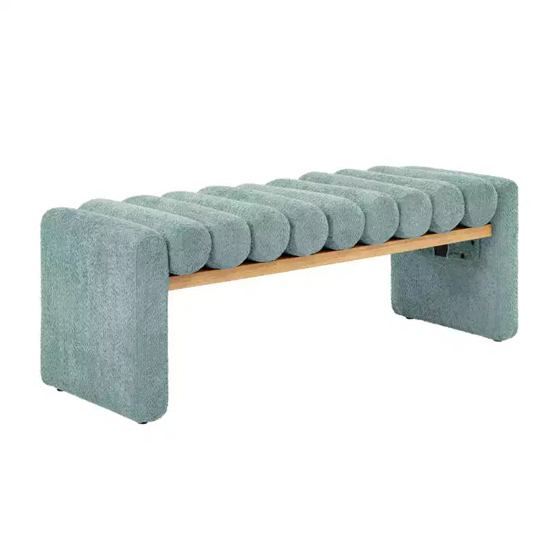 Alice Solid Wood Bench with H-Shaped Frame & Removable Round Bolster Cushions - Modern Minimalist, Polyester Upholstery, 19" Seat Height