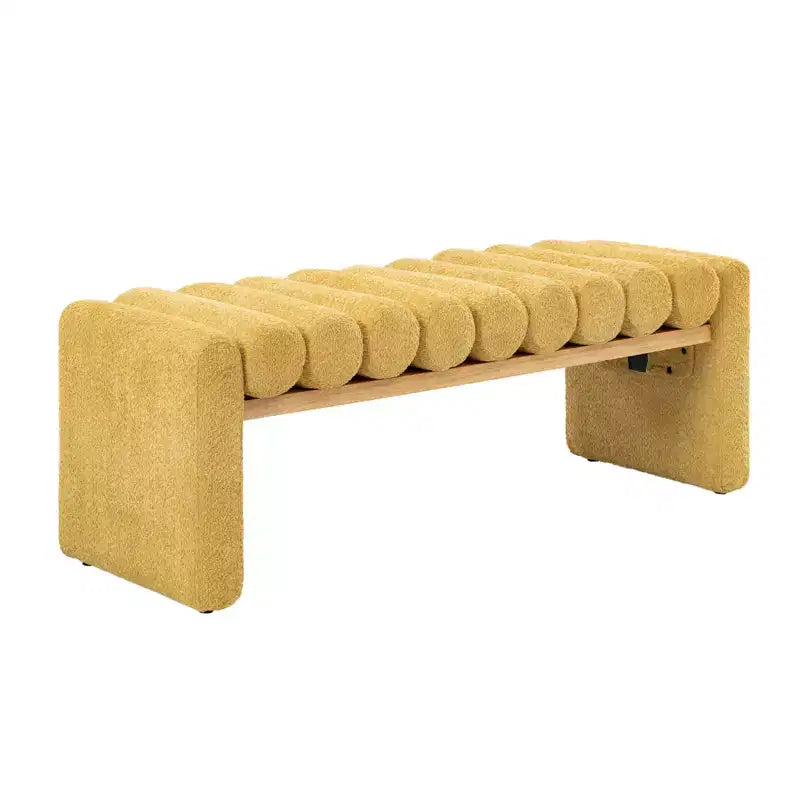 Alice Solid Wood Bench with H-Shaped Frame & Removable Round Bolster Cushions - Modern Minimalist, Polyester Upholstery, 19" Seat Height