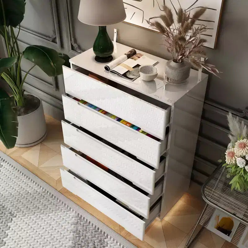 High Gloss 5-Drawer Dresser with LED Underlight and Concealed Handles - MDF, 32"W x 43"H, Bedroom Chest of Drawers