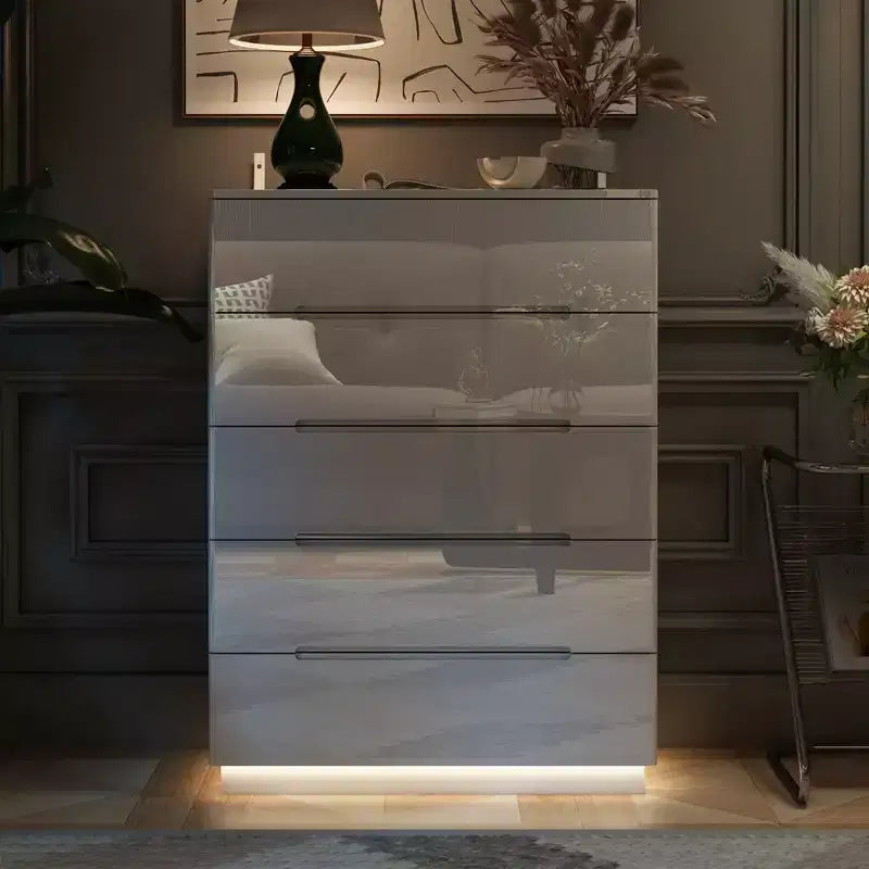 High Gloss 5-Drawer Dresser with LED Underlight and Concealed Handles - MDF, 32"W x 43"H, Bedroom Chest of Drawers