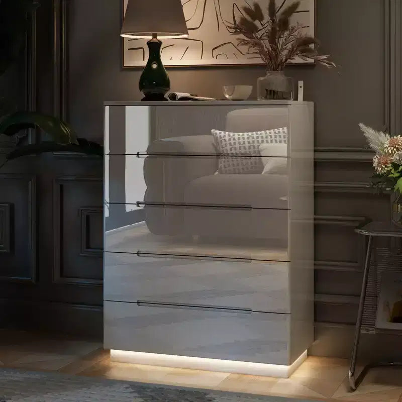 High Gloss 5-Drawer Dresser with LED Underlight and Concealed Handles - MDF, 32"W x 43"H, Bedroom Chest of Drawers