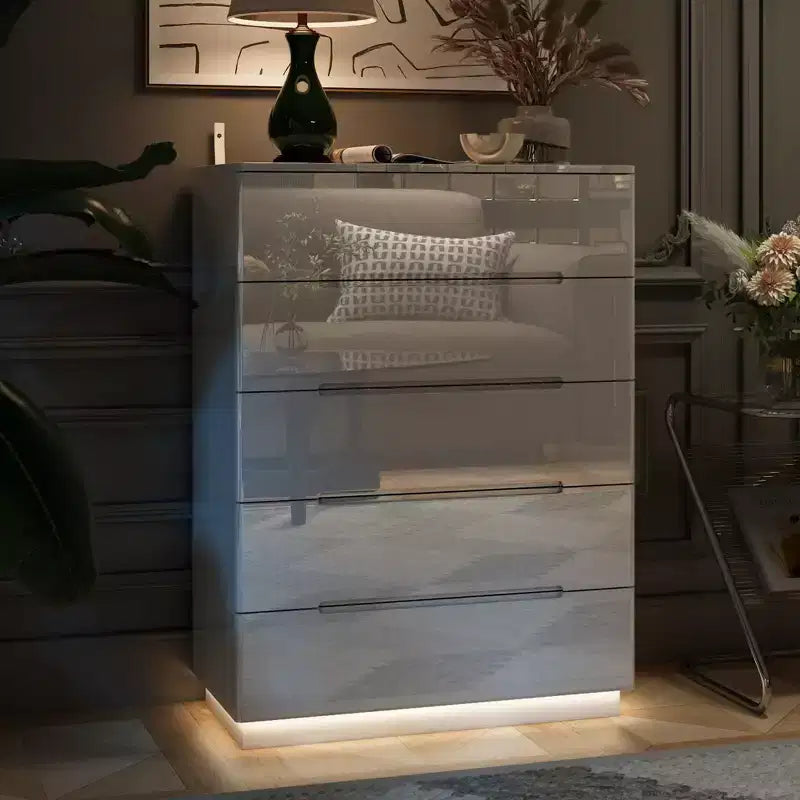 High Gloss 5-Drawer Dresser with LED Underlight and Concealed Handles - MDF, 32"W x 43"H, Bedroom Chest of Drawers