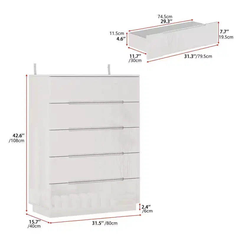 High Gloss 5-Drawer Dresser with LED Underlight and Concealed Handles - MDF, 32"W x 43"H, Bedroom Chest of Drawers