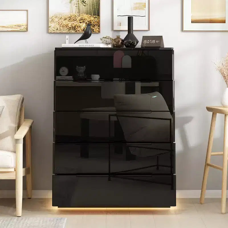 High Gloss 5-Drawer Dresser with LED Underlight and Concealed Handles - MDF, 32"W x 43"H, Bedroom Chest of Drawers