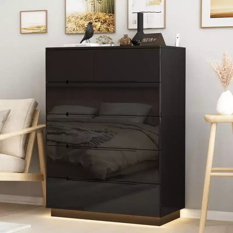 High Gloss 5-Drawer Dresser with LED Underlight and Concealed Handles - MDF, 32"W x 43"H, Bedroom Chest of Drawers