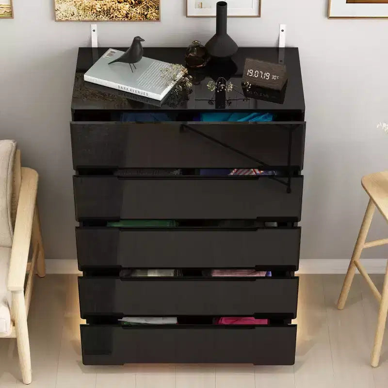 High Gloss 5-Drawer Dresser with LED Underlight and Concealed Handles - MDF, 32"W x 43"H, Bedroom Chest of Drawers