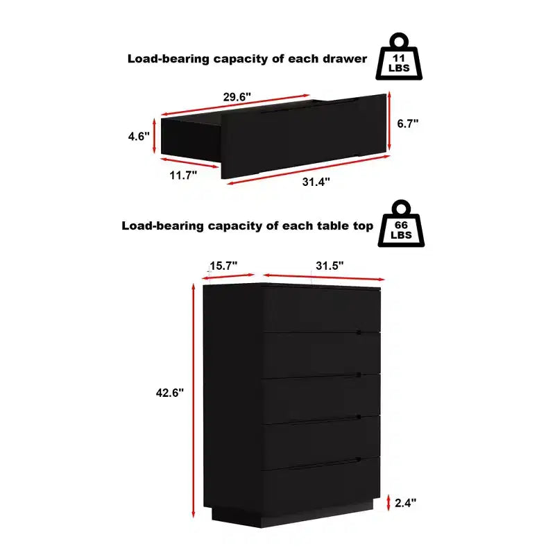 High Gloss 5-Drawer Dresser with LED Underlight and Concealed Handles - MDF, 32"W x 43"H, Bedroom Chest of Drawers