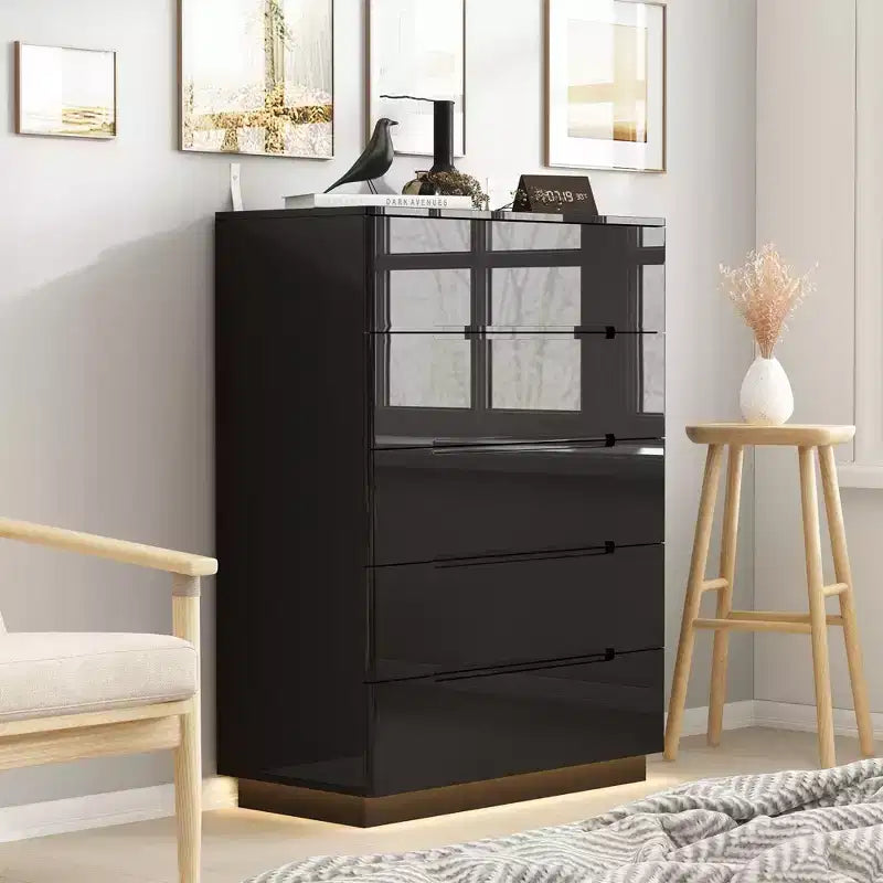 High Gloss 5-Drawer Dresser with LED Underlight and Concealed Handles - MDF, 32"W x 43"H, Bedroom Chest of Drawers