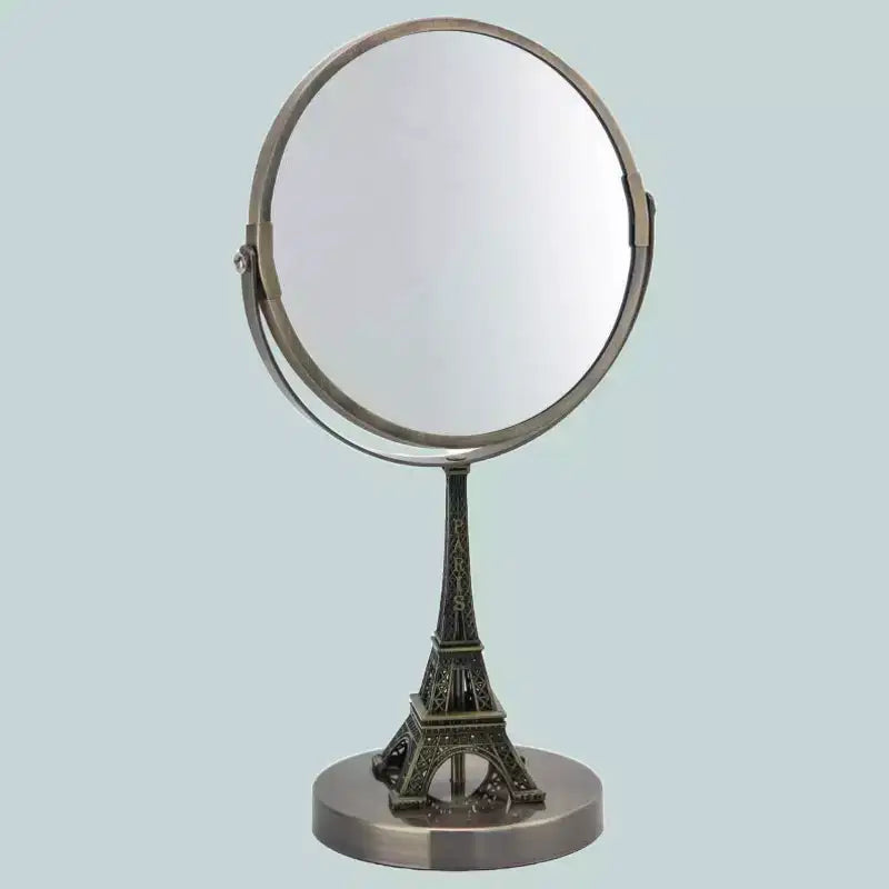 Eiffel Tower Embroidered Vanity Mirror - Rustic Brushed Gold, Double-Sided Standard & 3X Magnification, Parisian Style