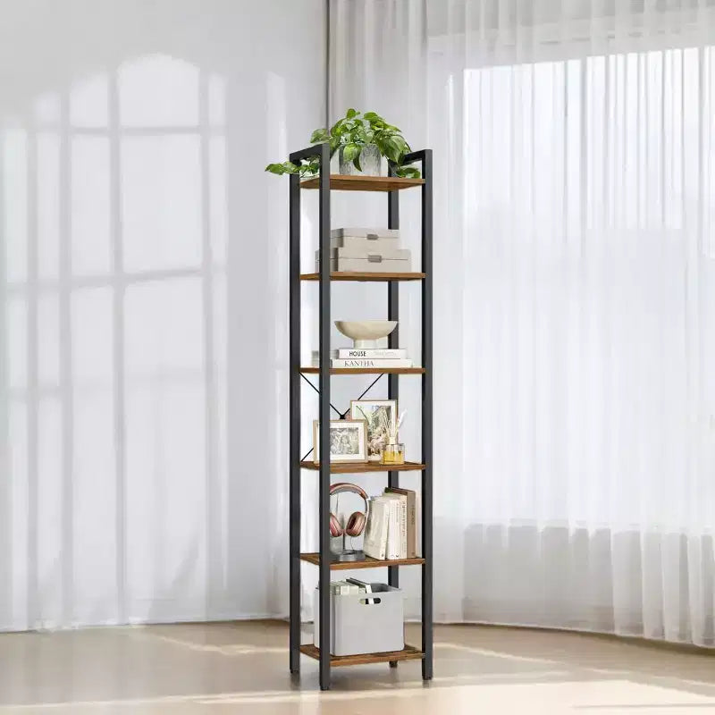 Tall 6-Tier Narrow Bookshelf with Steel Frame - Industrial Style, 11.8"x15.7"x73.8", 110 lb Capacity