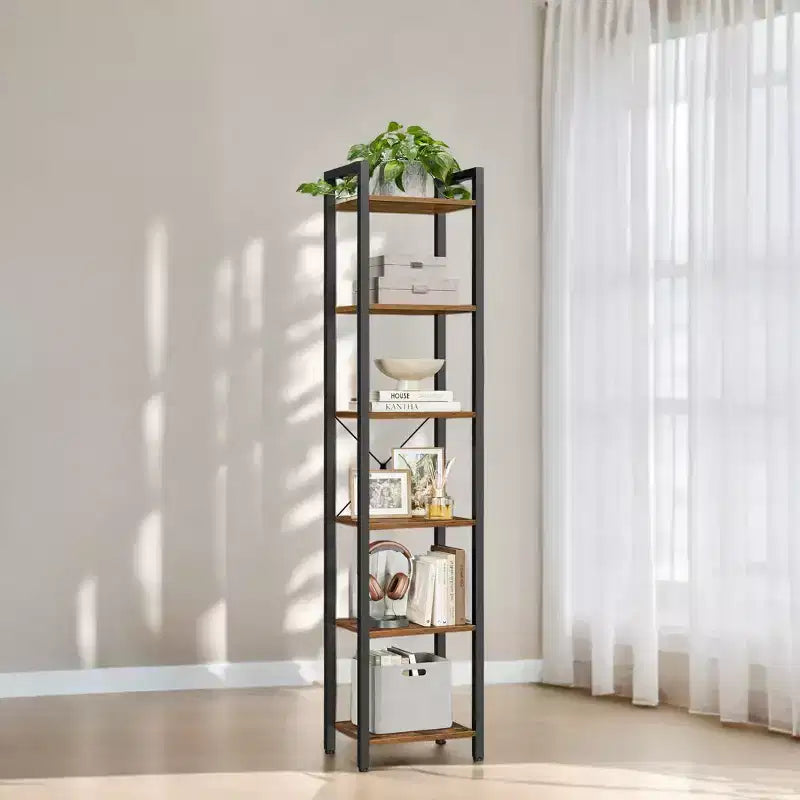 Tall 6-Tier Narrow Bookshelf with Steel Frame - Industrial Style, 11.8"x15.7"x73.8", 110 lb Capacity