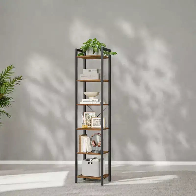 Tall 6-Tier Narrow Bookshelf with Steel Frame - Industrial Style, 11.8"x15.7"x73.8", 110 lb Capacity