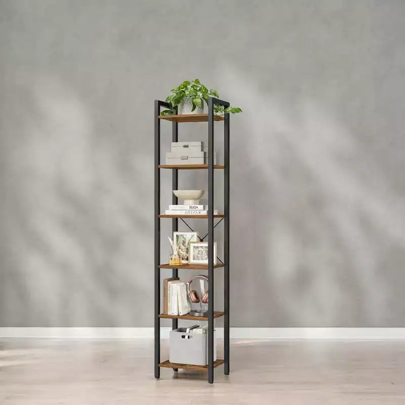 Tall 6-Tier Narrow Bookshelf with Steel Frame - Industrial Style, 11.8"x15.7"x73.8", 110 lb Capacity
