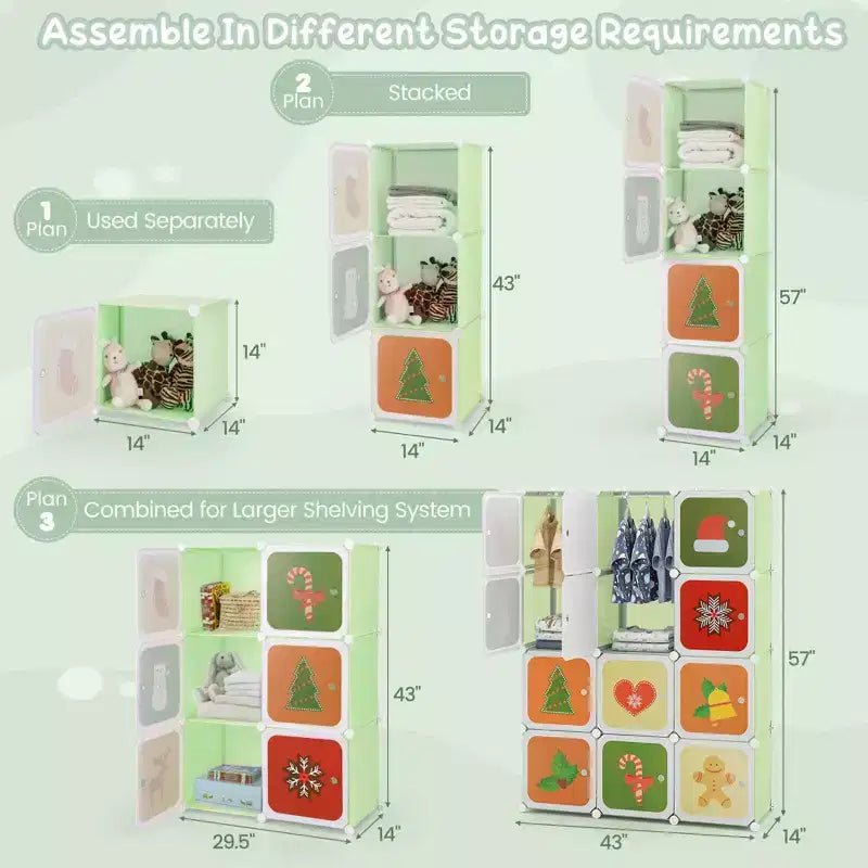 12-Cube Kids Wardrobe with Doors - 8 Storage Cubes + 2 Hanging Sections, Pink/Green, 43"x14"x57"