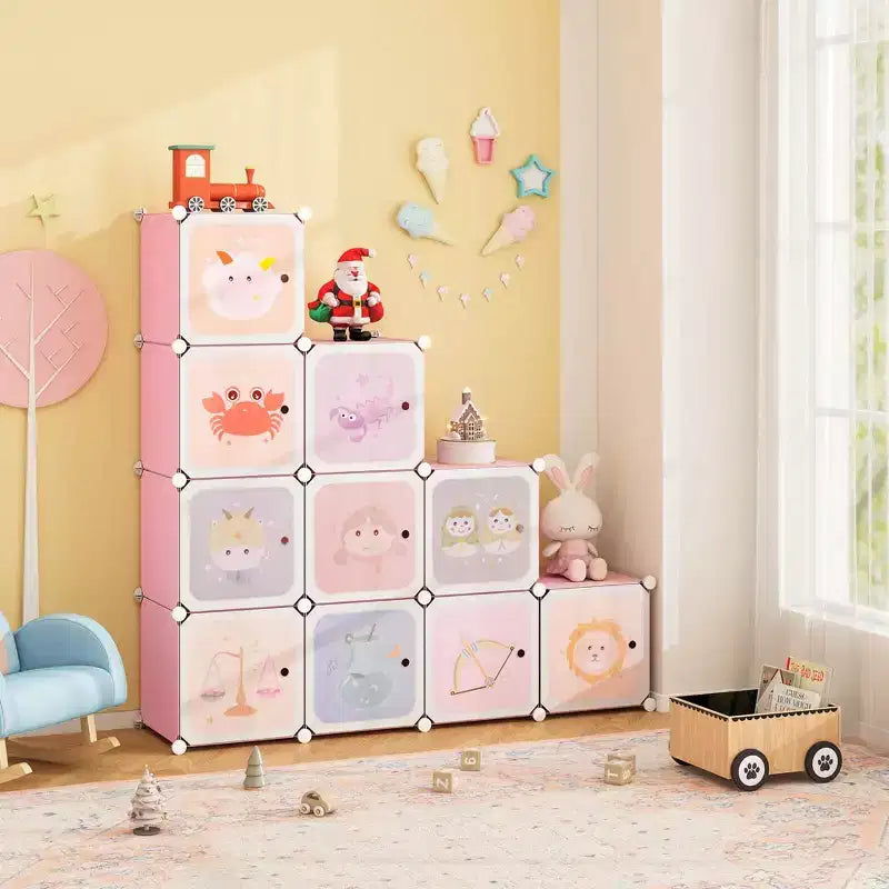 12-Cube Kids Wardrobe with Doors - 8 Storage Cubes + 2 Hanging Sections, Pink/Green, 43"x14"x57"