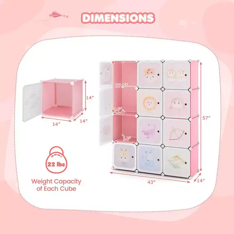 12-Cube Kids Wardrobe with Doors - 8 Storage Cubes + 2 Hanging Sections, Pink/Green, 43"x14"x57"
