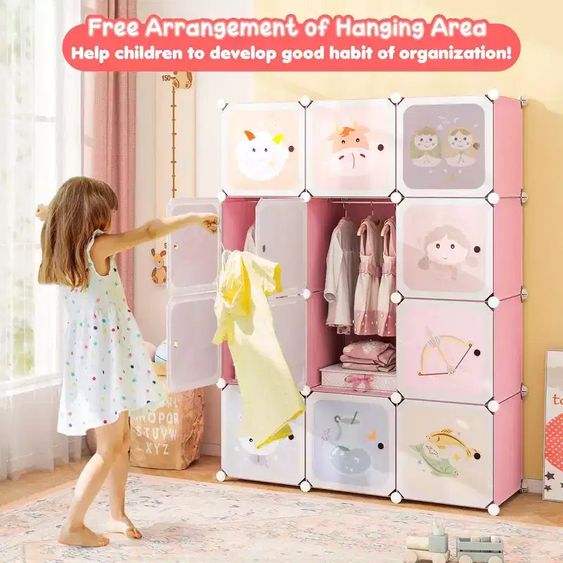 12-Cube Kids Wardrobe with Doors - 8 Storage Cubes + 2 Hanging Sections, Pink/Green, 43"x14"x57"