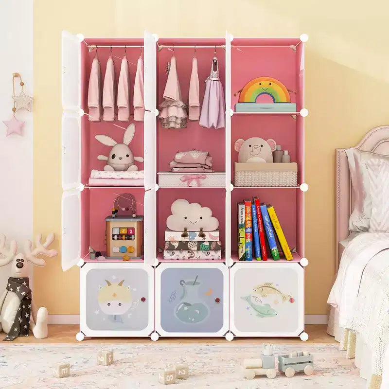 12-Cube Kids Wardrobe with Doors - 8 Storage Cubes + 2 Hanging Sections, Pink/Green, 43"x14"x57"