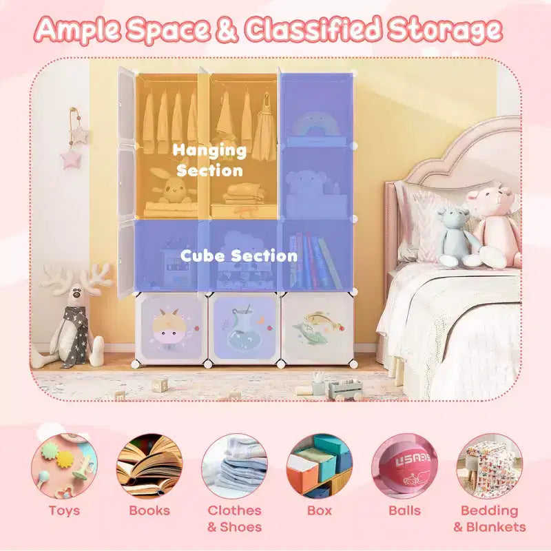 12-Cube Kids Wardrobe with Doors - 8 Storage Cubes + 2 Hanging Sections, Pink/Green, 43"x14"x57"