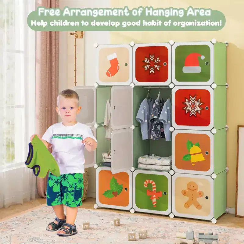 12-Cube Kids Wardrobe with Doors - 8 Storage Cubes + 2 Hanging Sections, Pink/Green, 43"x14"x57"