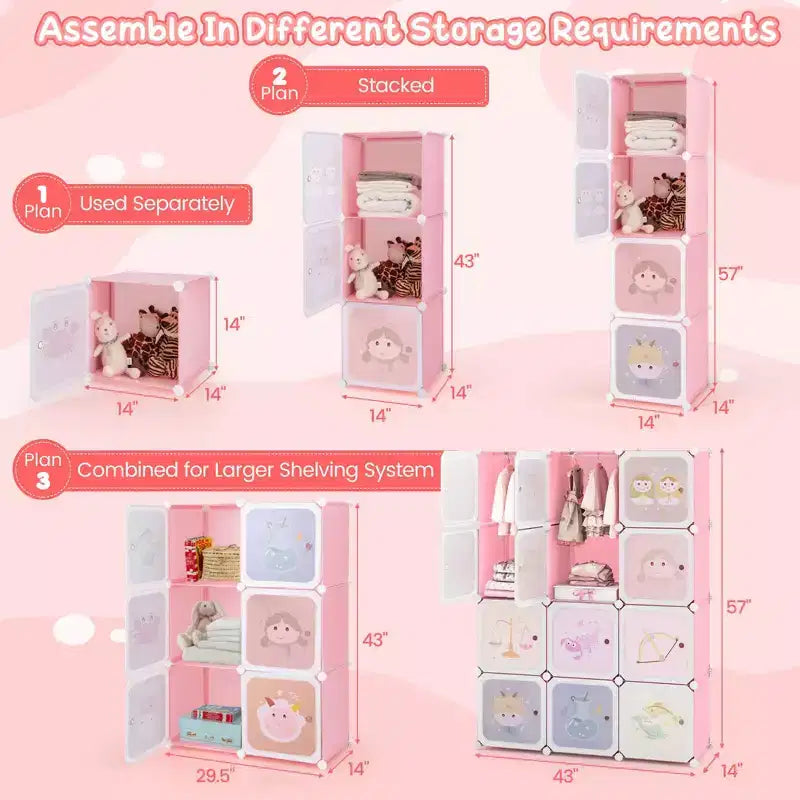 12-Cube Kids Wardrobe with Doors - 8 Storage Cubes + 2 Hanging Sections, Pink/Green, 43"x14"x57"