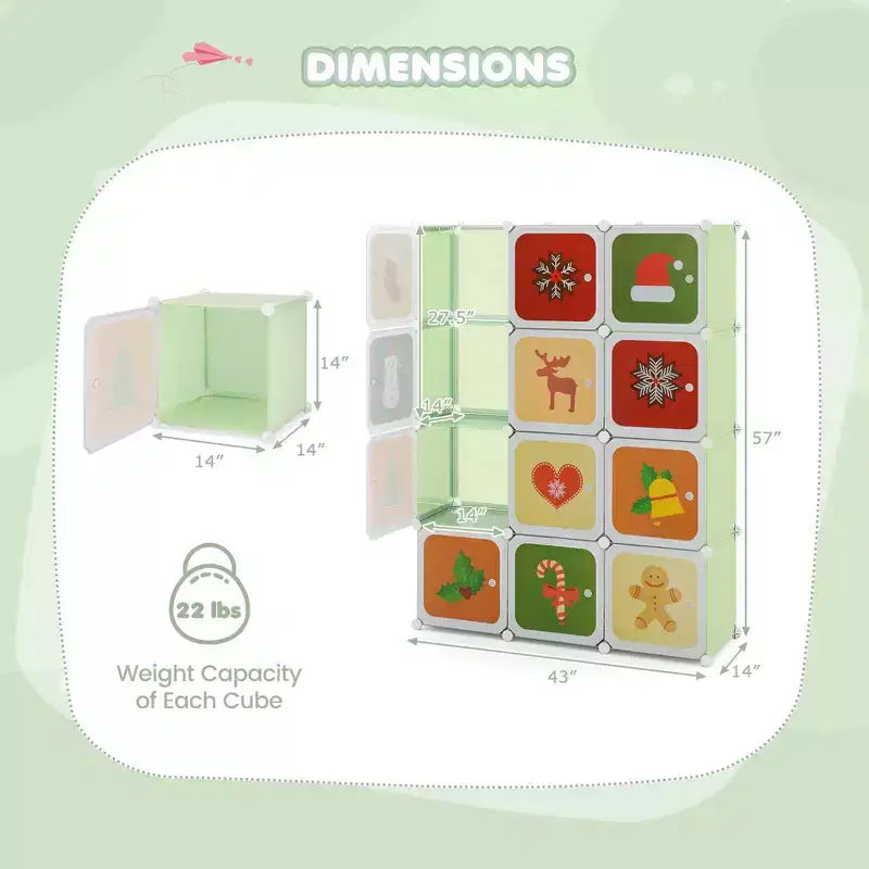 12-Cube Kids Wardrobe with Doors - 8 Storage Cubes + 2 Hanging Sections, Pink/Green, 43"x14"x57"