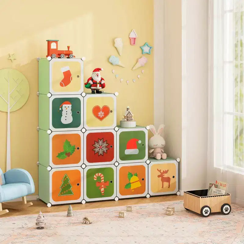 12-Cube Kids Wardrobe with Doors - 8 Storage Cubes + 2 Hanging Sections, Pink/Green, 43"x14"x57"