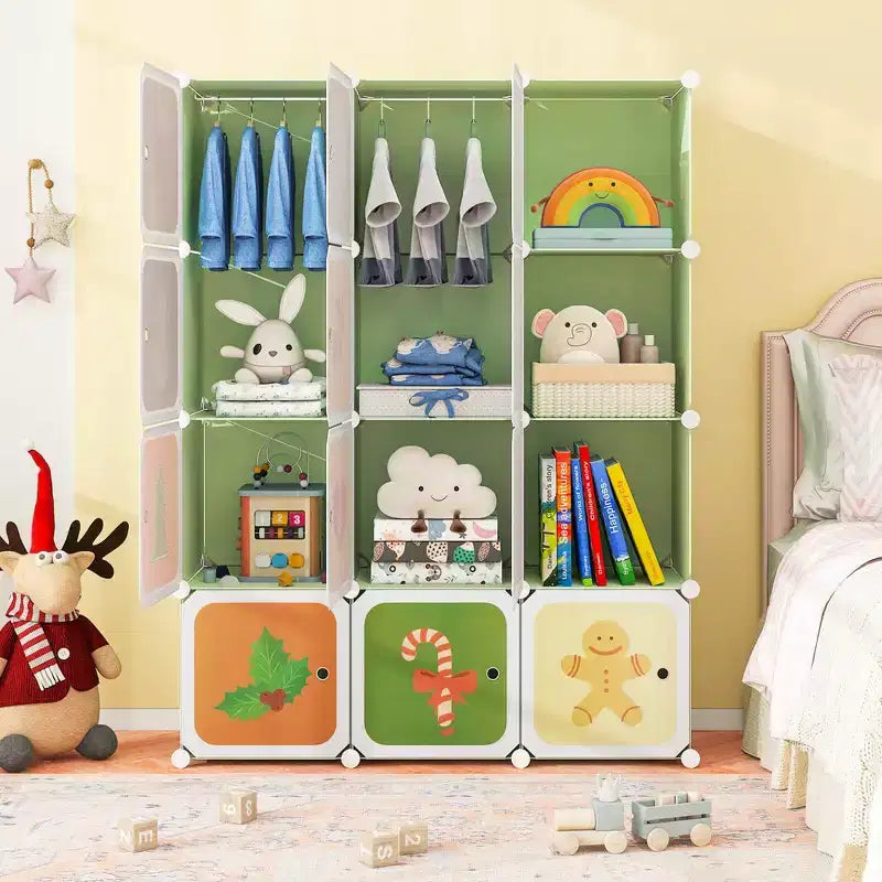 12-Cube Kids Wardrobe with Doors - 8 Storage Cubes + 2 Hanging Sections, Pink/Green, 43"x14"x57"