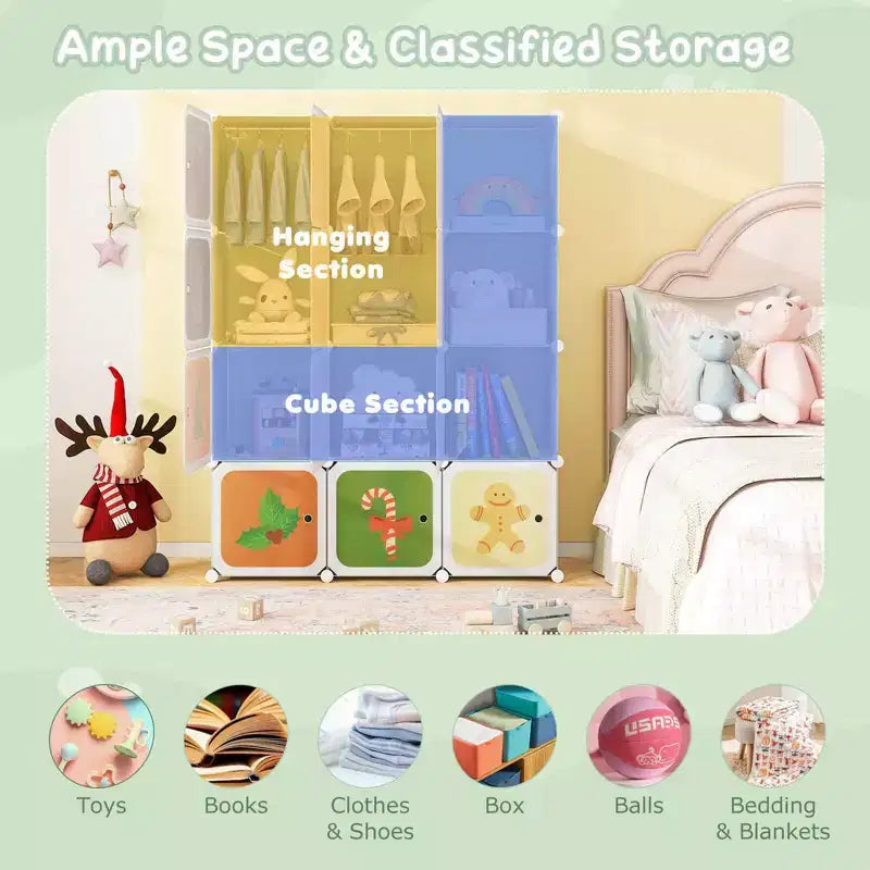 12-Cube Kids Wardrobe with Doors - 8 Storage Cubes + 2 Hanging Sections, Pink/Green, 43"x14"x57"