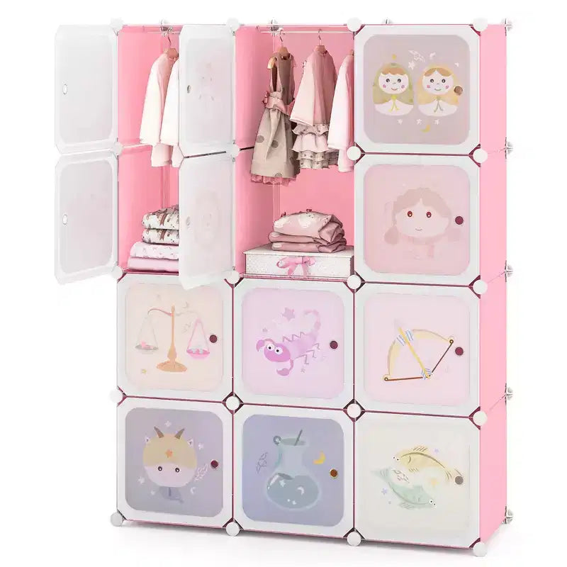 12-Cube Kids Wardrobe with Doors - 8 Storage Cubes + 2 Hanging Sections, Pink/Green, 43"x14"x57"