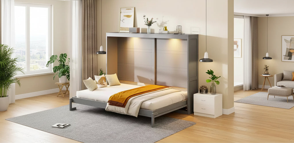 Queen Size Murphy Wall Bed with LED Lights - White/Gray, 600 lb Capacity, Space-Saving