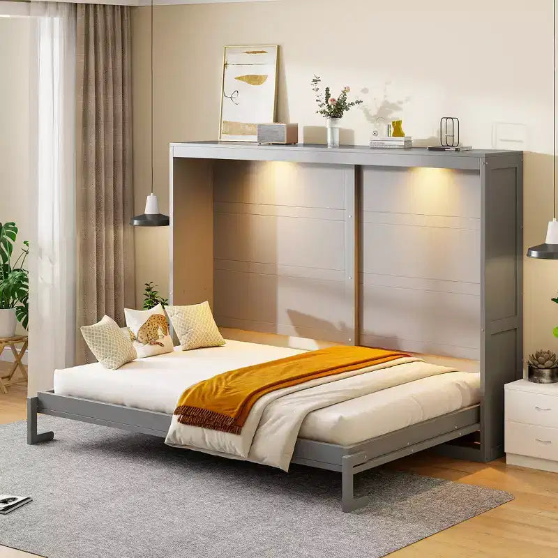 Queen Size Murphy Wall Bed with LED Lights - White/Gray, 600 lb Capacity, Space-Saving
