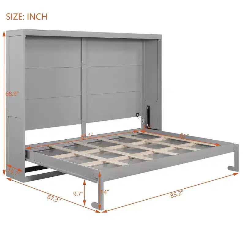 Queen Size Murphy Wall Bed with LED Lights - White/Gray, 600 lb Capacity, Space-Saving