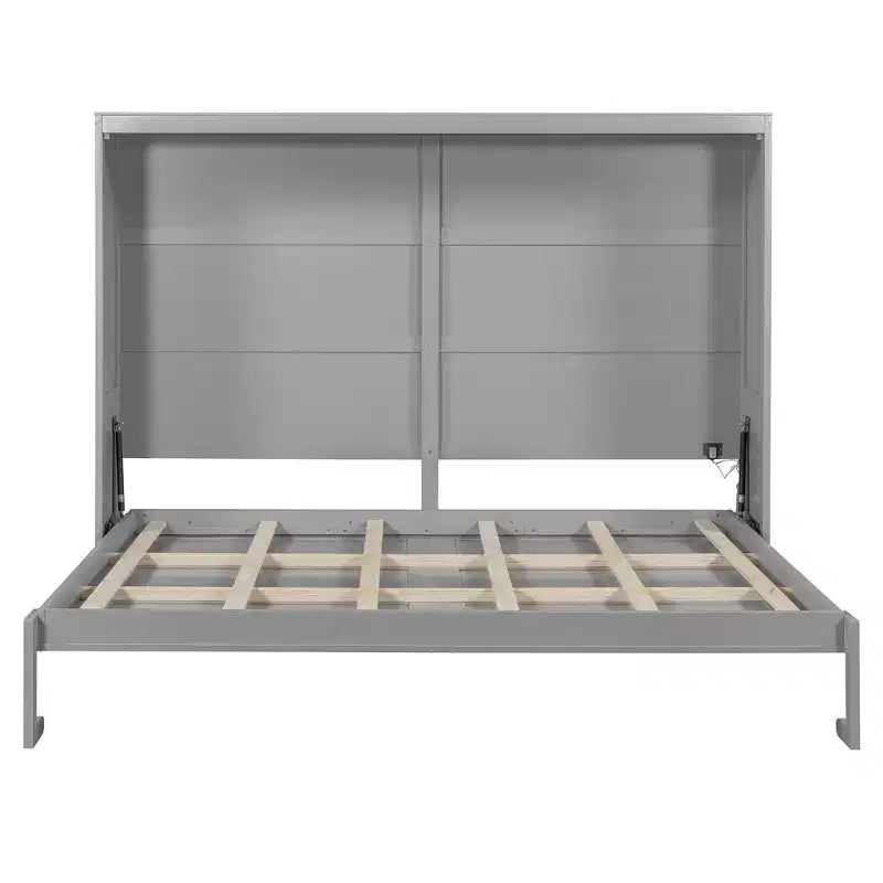 Queen Size Murphy Wall Bed with LED Lights - White/Gray, 600 lb Capacity, Space-Saving