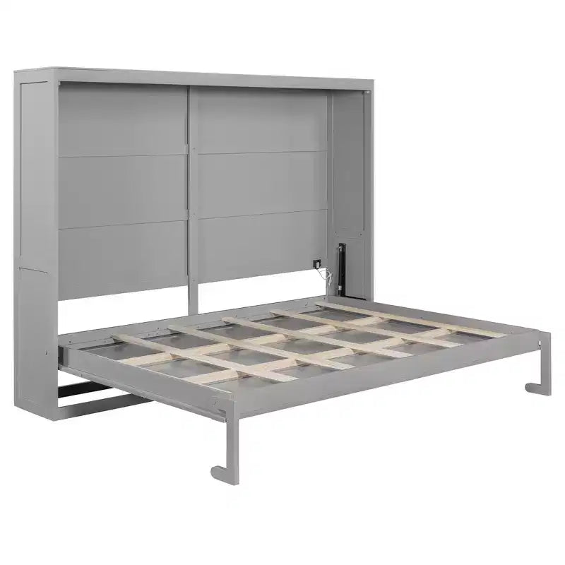 Queen Size Murphy Wall Bed with LED Lights - White/Gray, 600 lb Capacity, Space-Saving