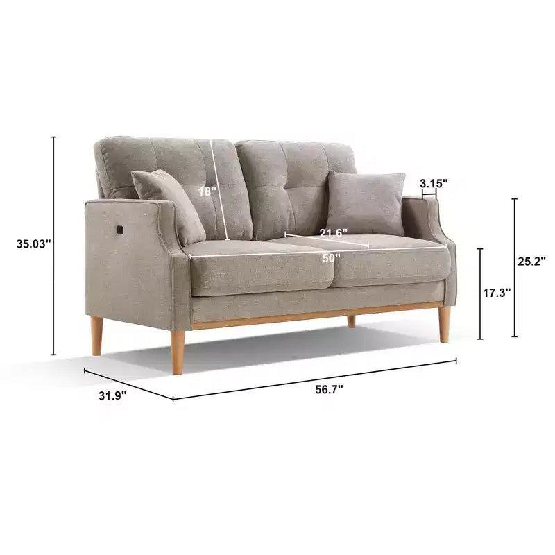 56.7" Waterproof Button Tufted 2-Seater Sofa with Wood Legs and USB Outlet