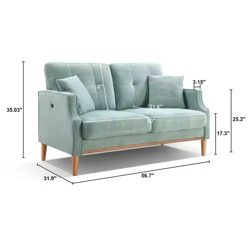 56.7" Waterproof Button Tufted 2-Seater Sofa with Wood Legs and USB Outlet