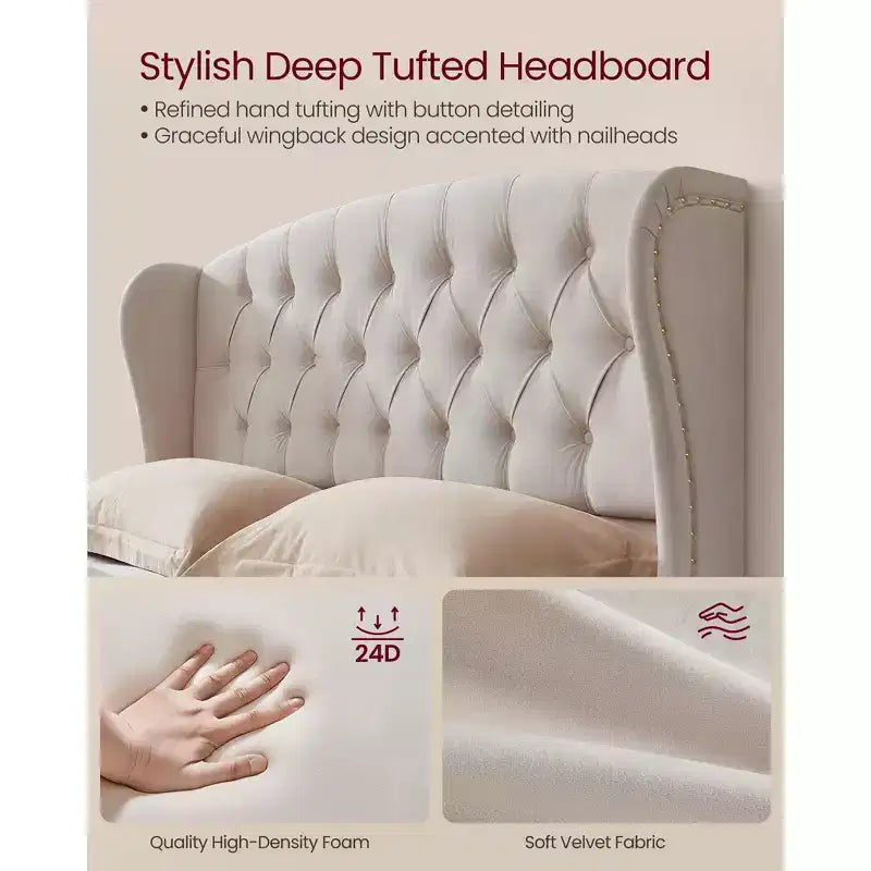 Queen Bed Frame with Tall Headboard, Upholstered Platform Bed Frame Queen Size, with Wingback Tufted Headboard, Cappuccino Beige