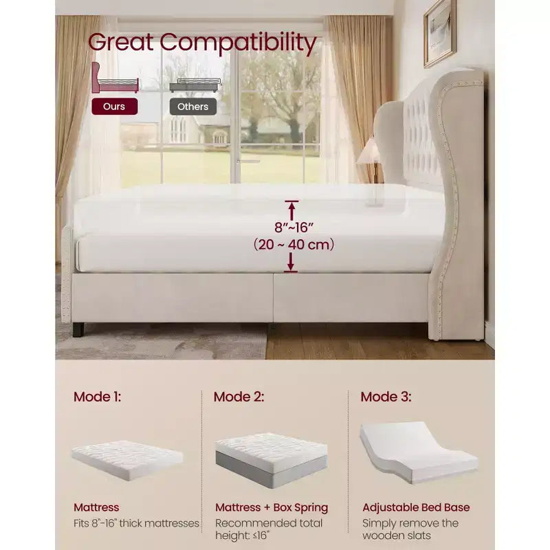 Queen Bed Frame with Tall Headboard, Upholstered Platform Bed Frame Queen Size, with Wingback Tufted Headboard, Cappuccino Beige